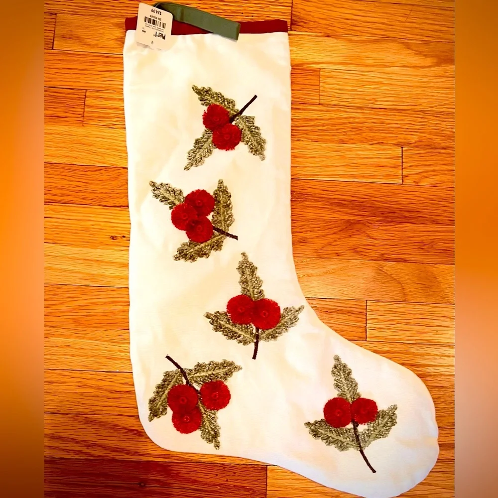 Adorable Christmas Design Embroidered Stocking, Pier 1-Never Used-Red & Green